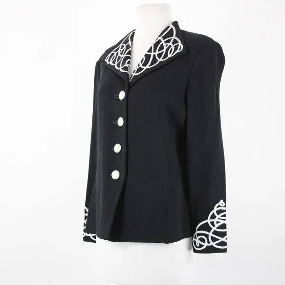 St John Evening Sz 8 Black White Paillette Rhinestones Santana Knit Jacket